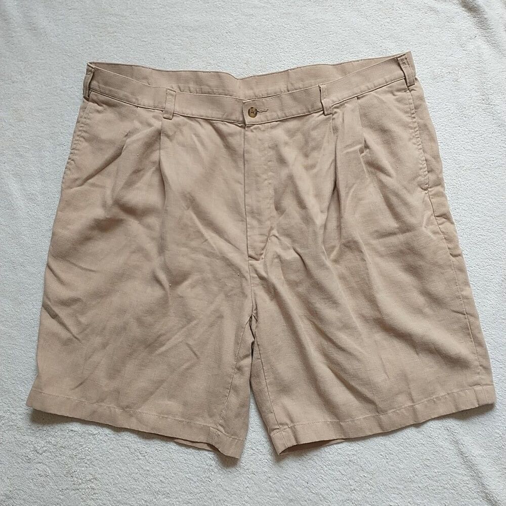 Jos A Bank Bank Traveler Shorts Mens 44 Beige Tan 100%Linen Pleated Front Chino